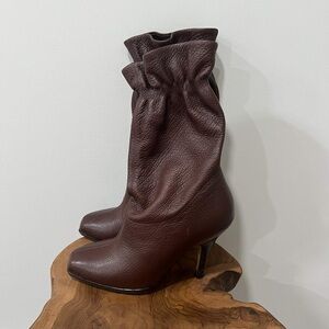 Cole Haan GALI Brown Leather Boots Mid Calf Ruffle Top Size 8 B